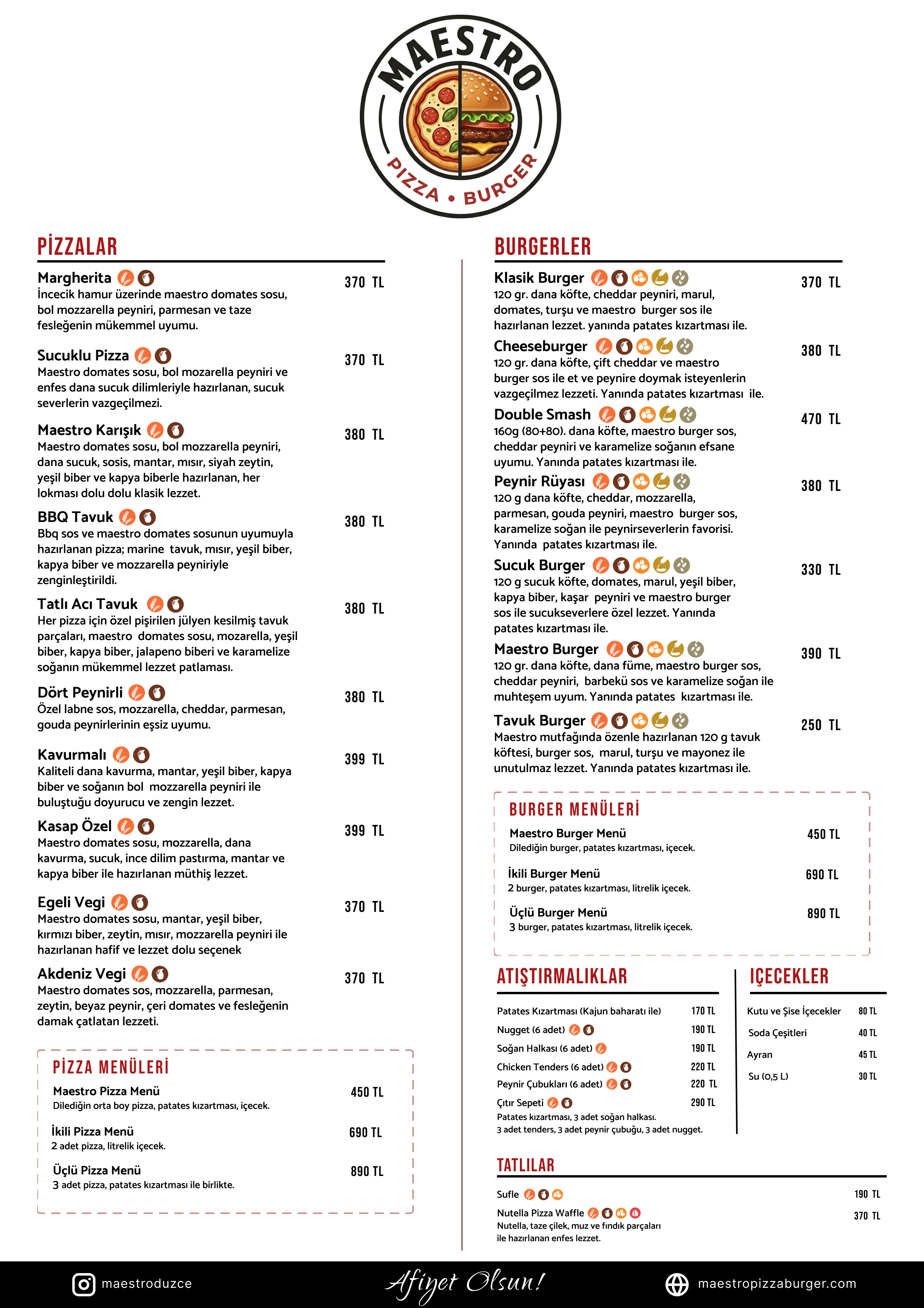 Maestro Pizza & Burger tam menü — pizza, burger, içecekler ve fiyatları